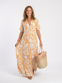 Zuleika | Short Sleeve V Neck Floral Midi Dress - Orange