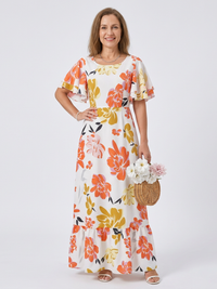 Elowen | Round Neck Short Sleeve Tiered Maxi Dress - Orange