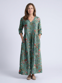 Marina | Floral V Neck Three Quarter Sleeve Maxi Dress - Green