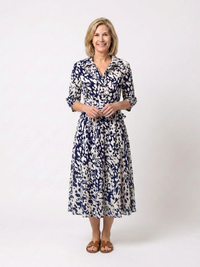 Oriana | Collared Long Sleeve Waist Tie Midi Dress - Blue