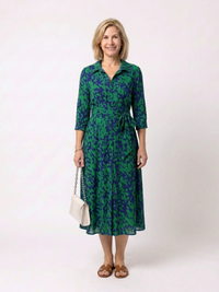 Oriana | Collared Long Sleeve Waist Tie Midi Dress - Green