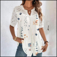 ANNELISE™ – Casual Lace Printed Blouse - Blue Flowers