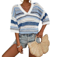 KELISE™ – Casual Striped Crochet V-Neck Summer Top - Striped Sky Blue