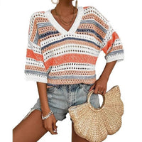 KELISE™ – Casual Striped Crochet V-Neck Summer Top - Striped Orange