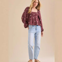 SILA™ - Comfy Floral Pleated Long Sleeve Top - Claret