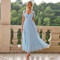 Hali™| Vintage Ruffle Hem Tie Shoulder Formal Dress - Blue