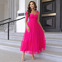 Hali™| Vintage Ruffle Hem Tie Shoulder Formal Dress - Rose Red