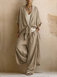 Relaxed Linen Kimono Set with Flowing Wide-Leg Pants - Apricot
