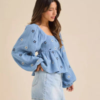 SILA™ - Comfy Floral Pleated Long Sleeve Top - Blue