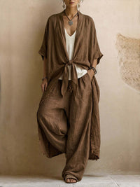 Relaxed Linen Kimono Set with Flowing Wide-Leg Pants - Brown