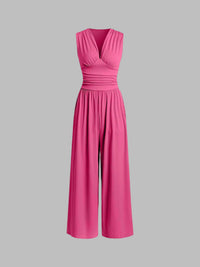 CHARITY – Chic Sleeveless Wide-Leg Jumpsuit - Rose Red