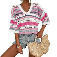 KELISE™ – Casual Striped Crochet V-Neck Summer Top - Striped Pink