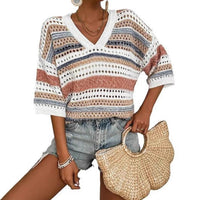 KELISE™ – Casual Striped Crochet V-Neck Summer Top - Striped Khaki