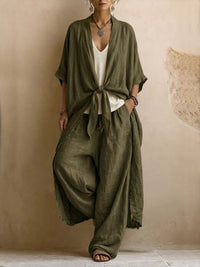 Relaxed Linen Kimono Set with Flowing Wide-Leg Pants - Olive green