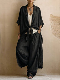 Relaxed Linen Kimono Set with Flowing Wide-Leg Pants - Black