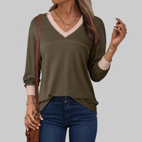 ANESHA™ - Casual Long Sleeve V-Neck Top - Army Green