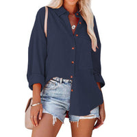 WOLLY™ - Casual Button Down Long Sleeve Blouse - Navy Blue