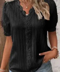 Elegant Women Blouse Shirt V Neck Lace Patchwork Short Sleeve Shirts For Women Summer Lady Tops - black