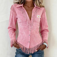 Pauline | Fringe Button-Up Blouse - Pink