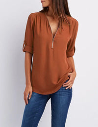 2024 Quality HotSale Plus Size Deep V Neck Women Blouse Chiffon Cool Loose Shirt Fashion Casual Ladies Tops Sexy Zipper Pullover - Orange