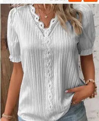 Elegant Women Blouse Shirt V Neck Lace Patchwork Short Sleeve Shirts For Women Summer Lady Tops - GRAY