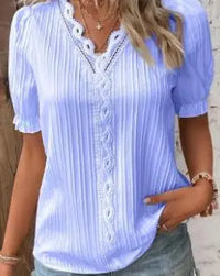Elegant Women Blouse Shirt V Neck Lace Patchwork Short Sleeve Shirts For Women Summer Lady Tops - Light Purple