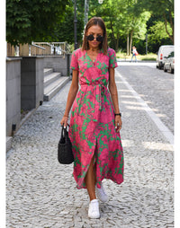 Talia™ | Stylish V-Neck Floral Dress - Pink and Green