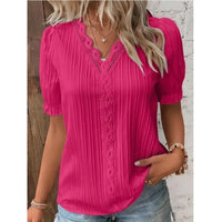 Elegant Women Blouse Shirt V Neck Lace Patchwork Short Sleeve Shirts For Women Summer Lady Tops - Rose Red