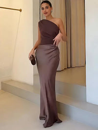 Luna™ | Satin Maxi Dress with Slit - Brown