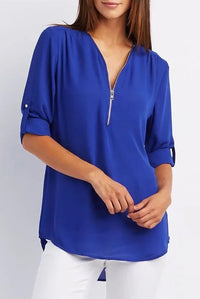 2024 Quality HotSale Plus Size Deep V Neck Women Blouse Chiffon Cool Loose Shirt Fashion Casual Ladies Tops Sexy Zipper Pullover - Blue