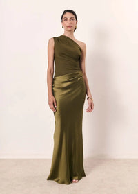 Luna™ | Satin Maxi Dress with Slit - Olive Green