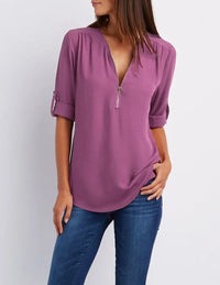 2024 Quality HotSale Plus Size Deep V Neck Women Blouse Chiffon Cool Loose Shirt Fashion Casual Ladies Tops Sexy Zipper Pullover - Purple