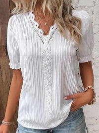 Elegant Women Blouse Shirt V Neck Lace Patchwork Short Sleeve Shirts For Women Summer Lady Tops - WHITE