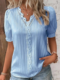 Elegant Women Blouse Shirt V Neck Lace Patchwork Short Sleeve Shirts For Women Summer Lady Tops - Blue