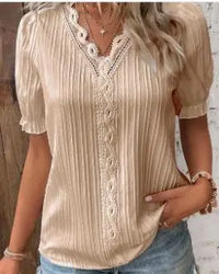 Elegant Women Blouse Shirt V Neck Lace Patchwork Short Sleeve Shirts For Women Summer Lady Tops - Beige