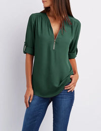2024 Quality HotSale Plus Size Deep V Neck Women Blouse Chiffon Cool Loose Shirt Fashion Casual Ladies Tops Sexy Zipper Pullover - Ink Green