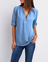 2024 Quality HotSale Plus Size Deep V Neck Women Blouse Chiffon Cool Loose Shirt Fashion Casual Ladies Tops Sexy Zipper Pullover - Sky Blue