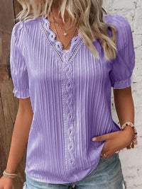 Elegant Women Blouse Shirt V Neck Lace Patchwork Short Sleeve Shirts For Women Summer Lady Tops - PURPLE