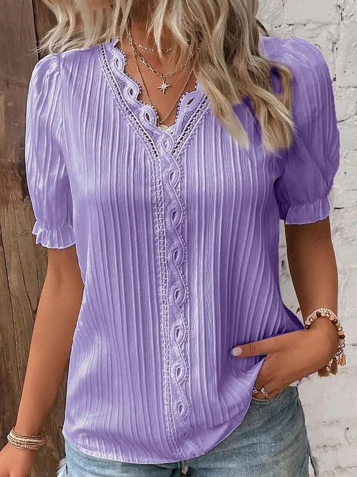 Elegant Women Blouse Shirt V Neck Lace Patchwork Short Sleeve Shirts For Women Summer Lady Tops