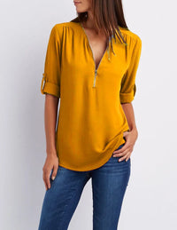 2024 Quality HotSale Plus Size Deep V Neck Women Blouse Chiffon Cool Loose Shirt Fashion Casual Ladies Tops Sexy Zipper Pullover - Yellow