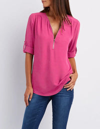 2024 Quality HotSale Plus Size Deep V Neck Women Blouse Chiffon Cool Loose Shirt Fashion Casual Ladies Tops Sexy Zipper Pullover - Rose Red