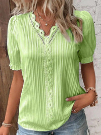 Elegant Women Blouse Shirt V Neck Lace Patchwork Short Sleeve Shirts For Women Summer Lady Tops - green