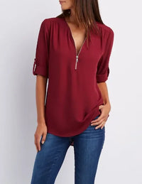 2024 Quality HotSale Plus Size Deep V Neck Women Blouse Chiffon Cool Loose Shirt Fashion Casual Ladies Tops Sexy Zipper Pullover - Wine Red