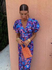 Aurora™ | Vibrant Midi Dress with Puff Sleeves - Multicolor