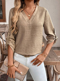 Ladies Elegant Simple V-Neck Commute Pure Color Cuffed Sleeve Casual Sophisticated Shirt Office Wear Casual Fashion - Khaki