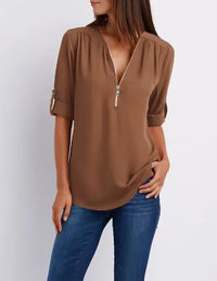 2024 Quality HotSale Plus Size Deep V Neck Women Blouse Chiffon Cool Loose Shirt Fashion Casual Ladies Tops Sexy Zipper Pullover - Coffee