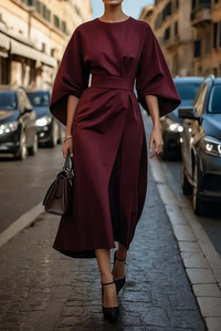 Maya™ | Elegant Lantern Sleeve Dress - Bordeaux