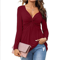 EMMA™ - Casual V-Neck Front Knotted Blouse with Long Sleeves - Burgundy