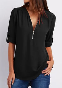 2024 Quality HotSale Plus Size Deep V Neck Women Blouse Chiffon Cool Loose Shirt Fashion Casual Ladies Tops Sexy Zipper Pullover - Black