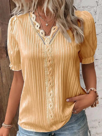 Elegant Women Blouse Shirt V Neck Lace Patchwork Short Sleeve Shirts For Women Summer Lady Tops - Orange